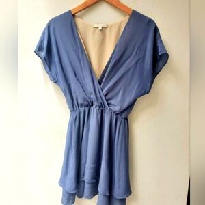 Lavender Brown 100% Silk Flutter Short Cap Sleeve Summer Flowy Mini Dress Blue